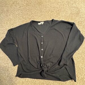 Sky & Sparrow Waffle Knit Tie Front Button Top Black — Women’s Medium